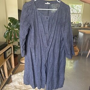 Long Button-Front Linen Dress Coat in Denim Blue